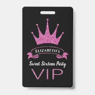 Tarjeta De Identificación Cumpleaños Dulce Dieciséis Brillo Rosa VIP Persona