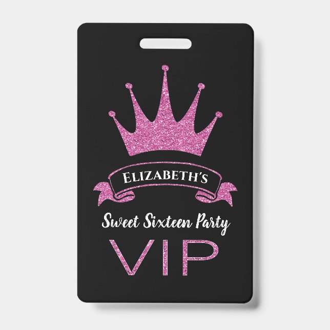 Tarjeta De Identificación Cumpleaños Dulce Dieciséis Brillo Rosa VIP Persona (Parte frontal)