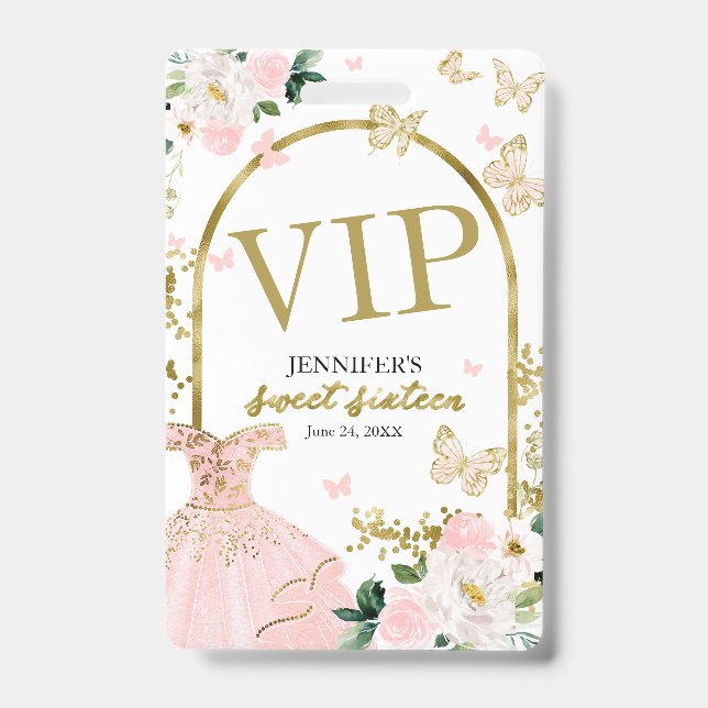Tarjeta De Identificación Cumpleaños Dulces 16 Rosado Floral Cumpleaños 16 C (Front)