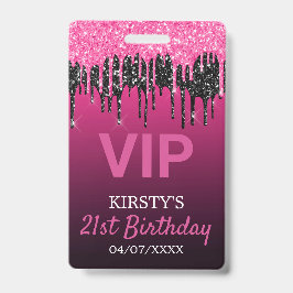 Tarjeta De Identificación Cumpleaños Fiesta Brillante Rosa Negro Chic
