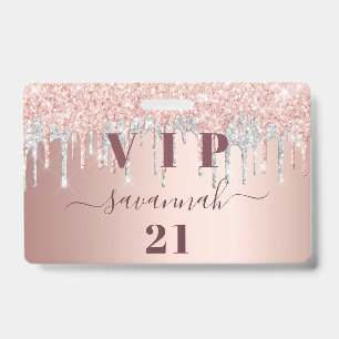 Tarjeta De Identificación Cumpleaños rosa dorado brillo gotas rosa plateado 