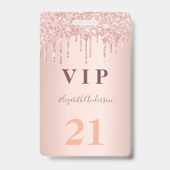Tarjeta De Identificación Cumpleaños rosa oro gotas rosa vip (Parte frontal)