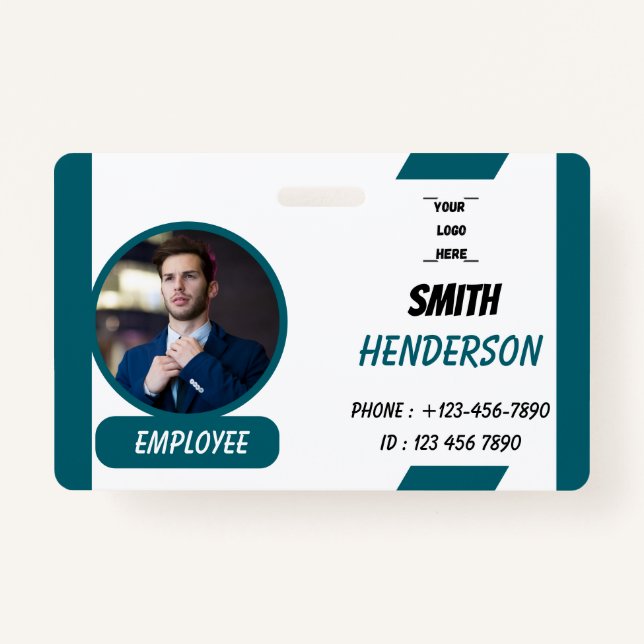 Tarjeta De Identificación Custom Business Logo Employee Photo Blue ID Badge (Anverso)