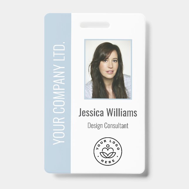 Tarjeta De Identificación Custom Employee Photo Barcode Logo Name Dusty Blue (Parte frontal)