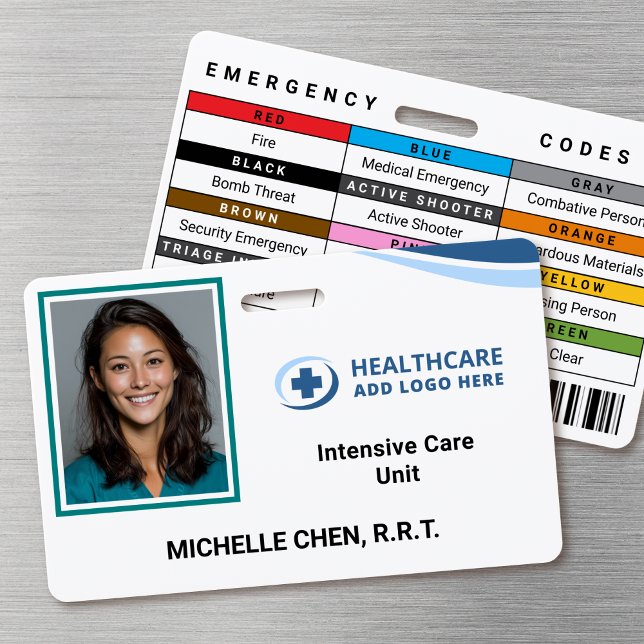 Tarjeta De Identificación Custom Hospital Employee Photo ID Badge (Double-sided photo ID badge with custom emergency codes and barcode image)
