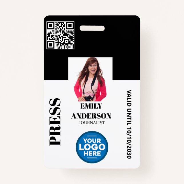Tarjeta De Identificación Custom Journalist Media Pass Photo ID Logo | BLACK (Anverso)