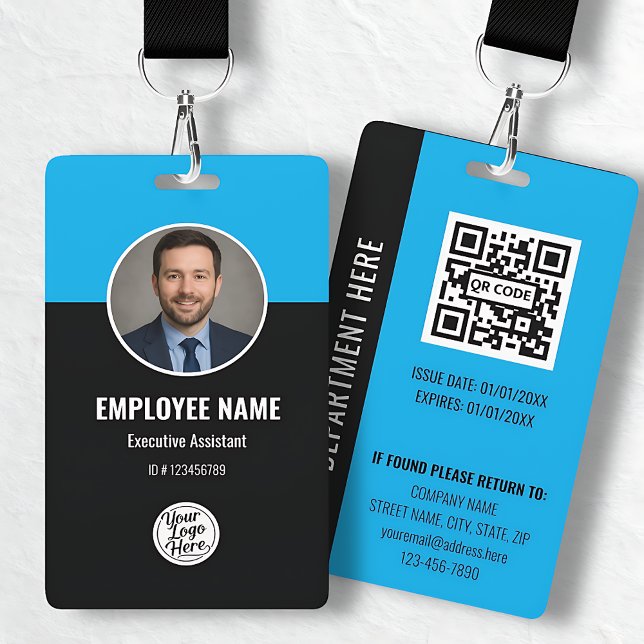 Tarjeta De Identificación Custom Modern Blue Black Photo Employee ID Badge (Custom Modern Blue Black Photo Employee ID Badge)