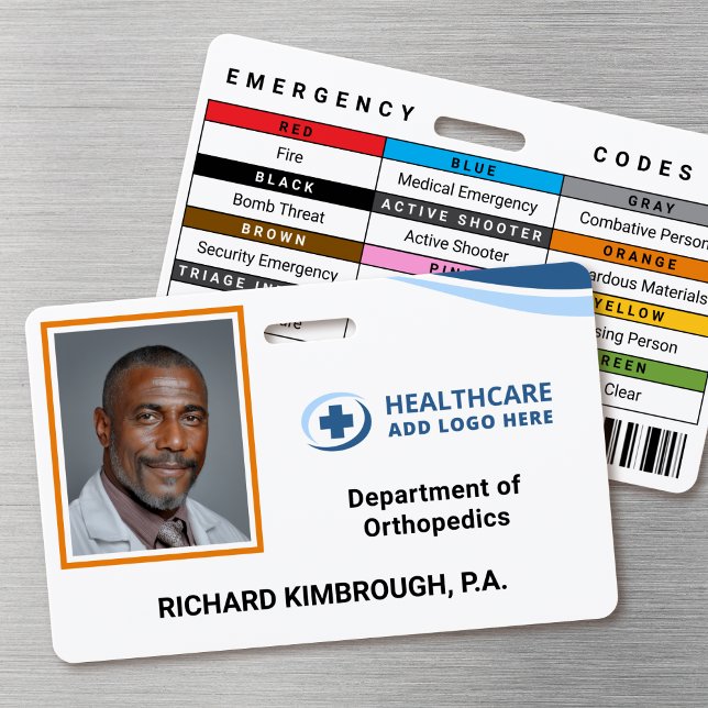 Tarjeta De Identificación Custom PA Hospital Employee Photo ID Badge (Double-sided photo ID badge with custom emergency codes and barcode image)