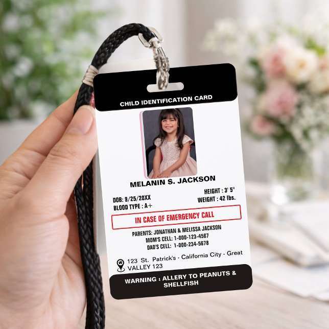 Tarjeta De Identificación Custom Photo ID Badge for Kids with Emergency Cont (Custom Child Emergency Photo ID Badge with Parent Contact and Medical Alert Details)