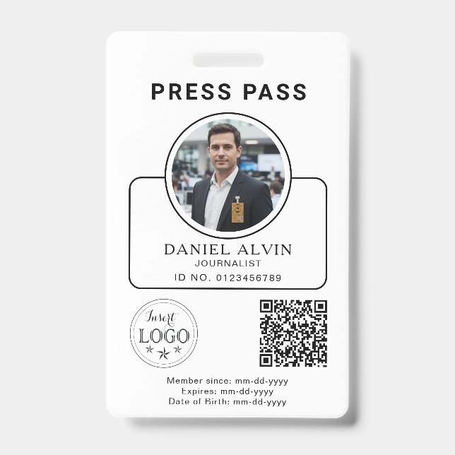Tarjeta De Identificación Custom Press Pass with Your Photo ID and QR Code (Parte frontal)
