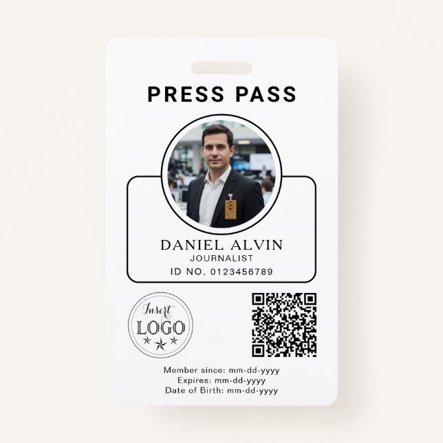 Tarjeta De Identificación Custom Press Pass with Your Photo ID and QR Code (Anverso)