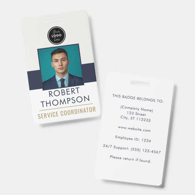 Tarjeta De Identificación Customizable Employee Photo ID Card Logo - Navy  (Parte frontal y trasera)