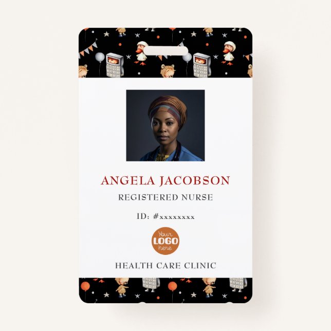 Tarjeta De Identificación Cute Black White Pediatric Registered Nurse Logo (Anverso)