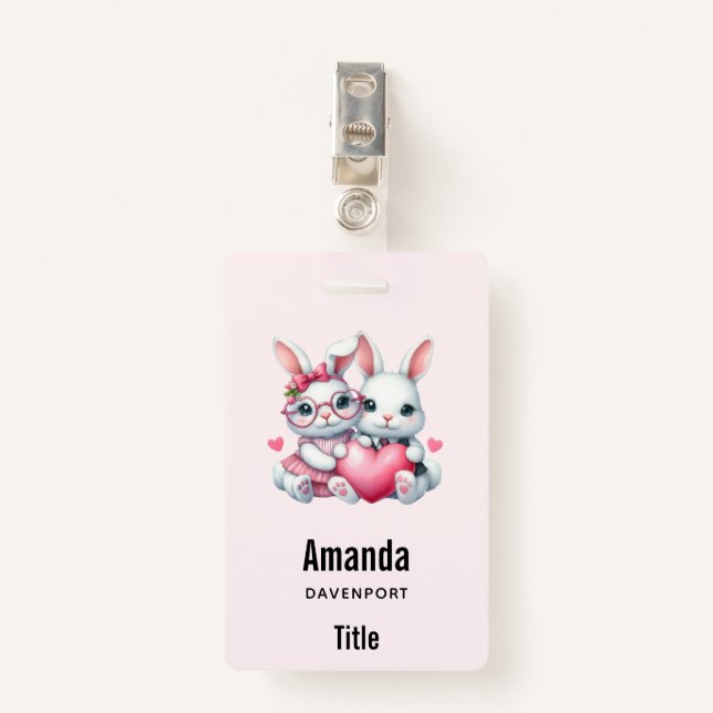 Tarjeta De Identificación Cute Bunnies Sharing a Heart (Anverso con clip)