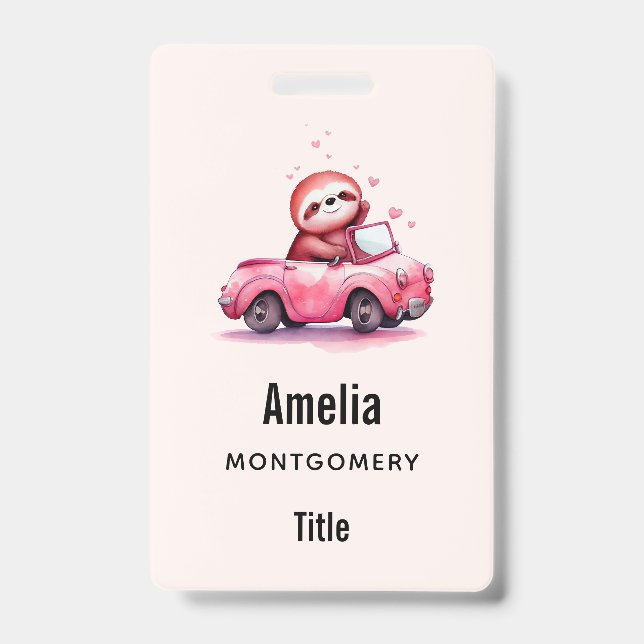 Tarjeta De Identificación Cute Sloth Driving a Pink Convertible (Parte frontal)