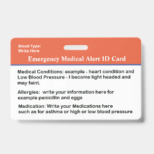 Tarjeta de identificación de alerta médica de emer