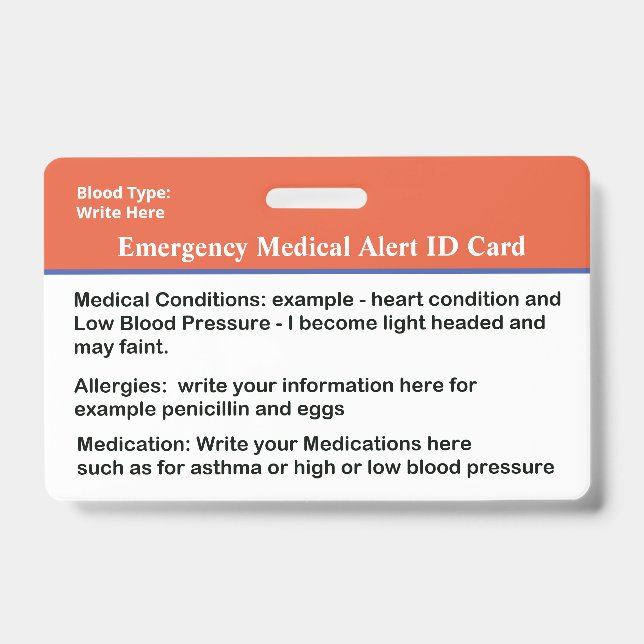 Tarjeta de identificación de alerta médica de emer (Parte frontal)