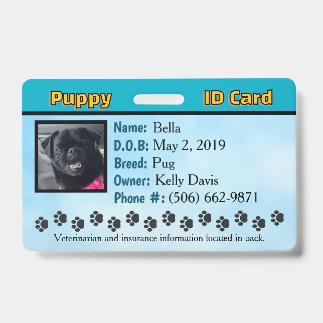 Tarjeta de identificación de cachorro - Azul (Parte frontal)