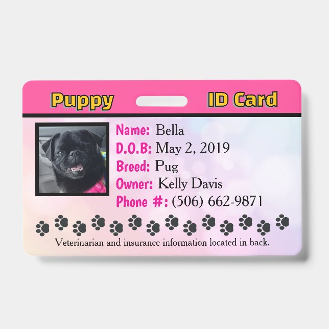 Tarjeta de identificación de cachorro - Rosa (Parte frontal)