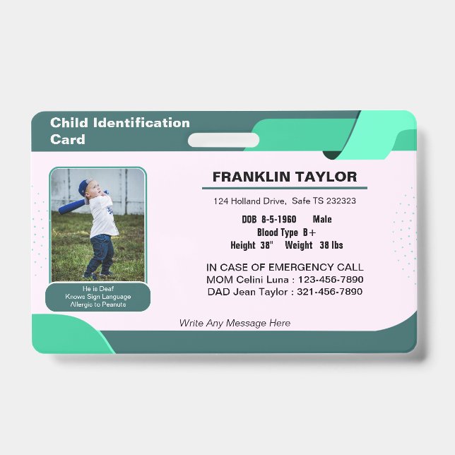 Tarjeta de identificación de emergencia con foto p (Parte frontal)