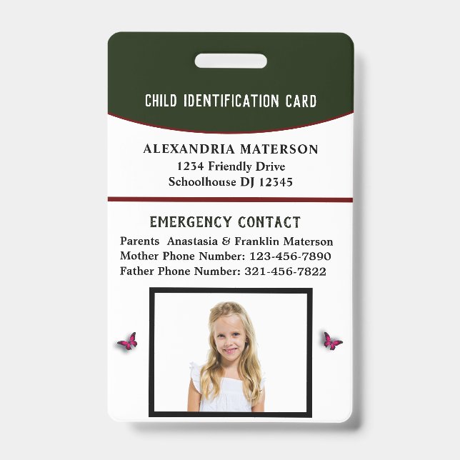 Tarjeta de identificación de emergencia para niño  (Parte frontal)
