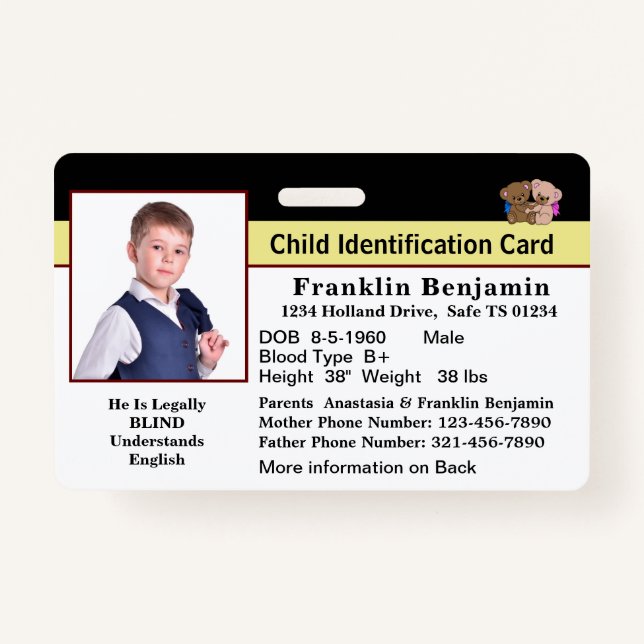 Tarjeta de identificación de emergencia para niños (Anverso)