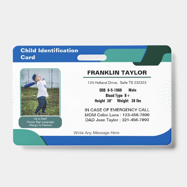 Tarjeta de identificación de emergencia para niños (Parte frontal)