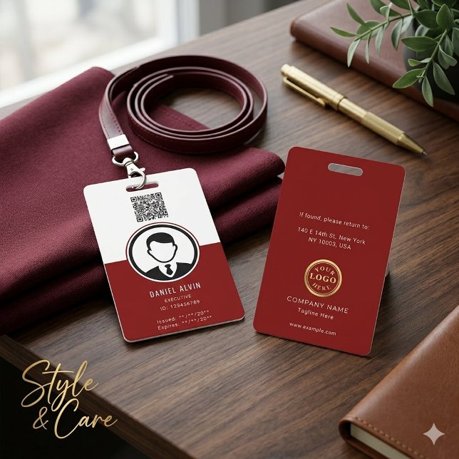 Tarjeta de identificación de empleado elegante bla (Elegant White and Deep Red Employee ID Badge)