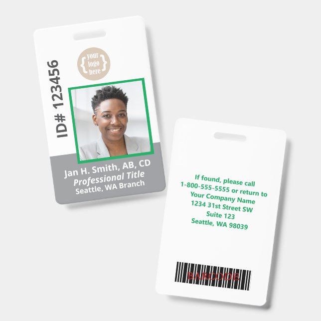 Tarjeta de identificación de empleado verde gris b (Parte frontal y trasera)
