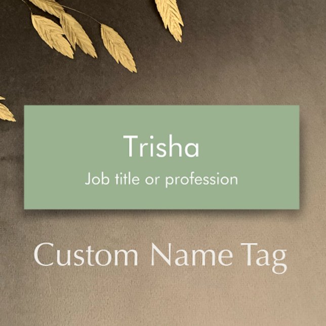 Tarjeta de identificación de empleado verde sabio  (Custom modern sage green professional name tag. Simple editable script staff ID badge.)