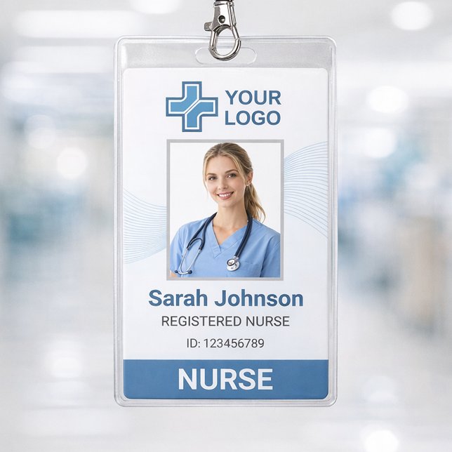 Tarjeta de identificación de enfermera con onda az (Professional Nurse ID Badge Template – Clean and modern medical staff ID card )