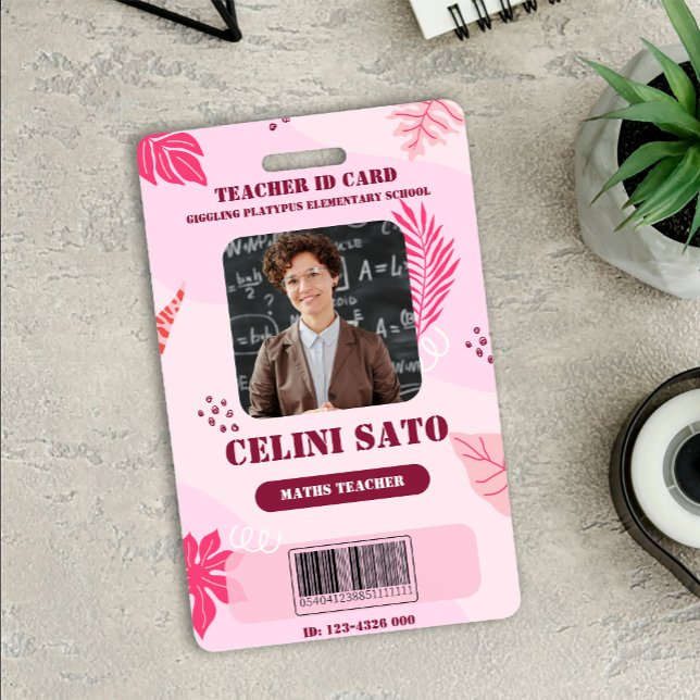 Tarjeta de identificación de escuela primaria con  (Pink Floral Style Homeschool ID Card Badge)