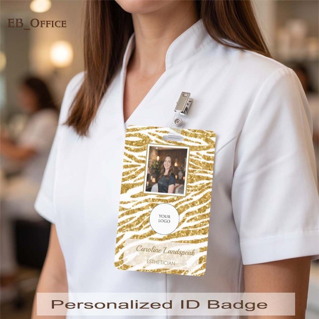 Tarjeta de identificación de foto con estampado de (Chic Gold Glitter Custom Logo Photo ID Vertical Badge
Size: 2.13” x 3.38”
)
