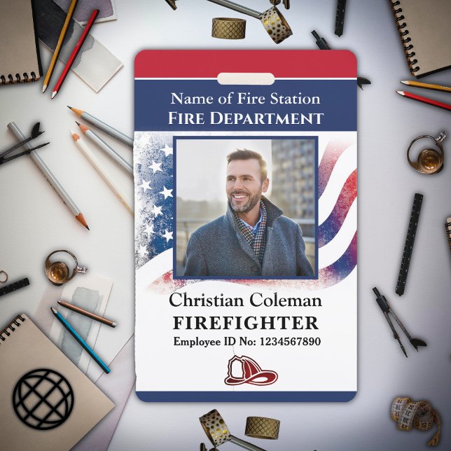 Tarjeta de identificación de foto de bombero de em (Fire Department Employee Firefighter Photo ID Card Badge)