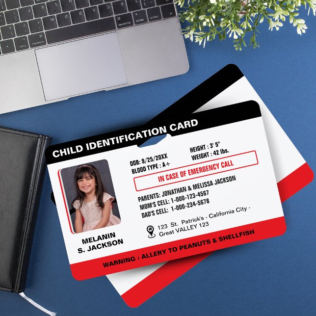 Tarjeta de identificación de foto de emergencia pa (Custom Child Emergency Photo ID Badge for Kids -BLACK AND RED-)