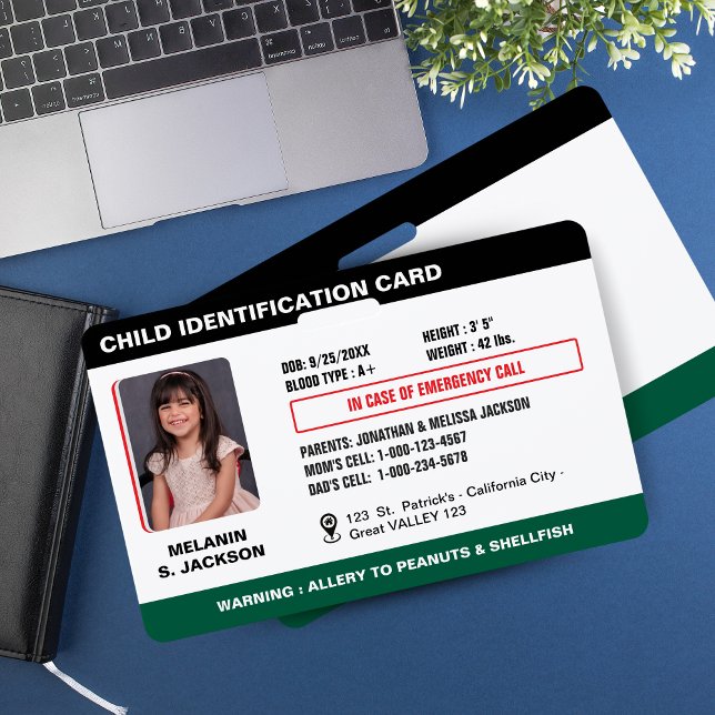 Tarjeta de identificación de foto de emergencia pa (Custom Child Emergency Photo ID Badge for Kids - BLACK AND GREEN -)