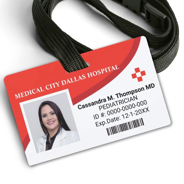 Tarjeta de identificación de foto de empleado de h (A modern red and white hospital employee badge, Personalize it with your info.)