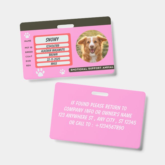 Tarjeta de identificación de foto de perro persona (Parte frontal y trasera)