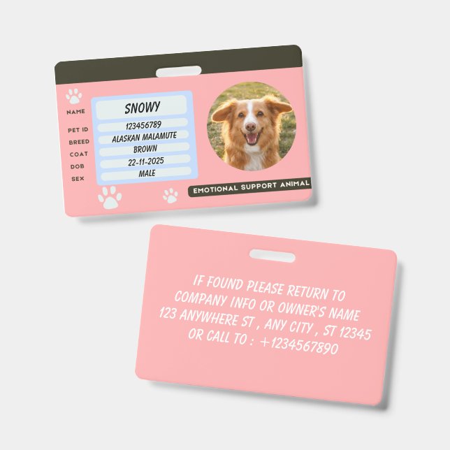Tarjeta de identificación de foto de perro persona (Parte frontal y trasera)
