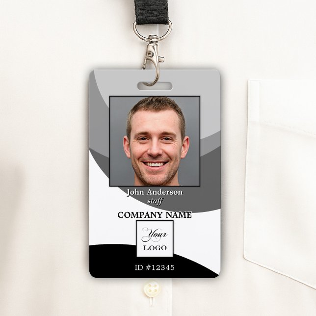 Tarjeta de identificación de fotografía con logoti (Photo ID badge featuring a black and white design with a space for your custom photo and logo)