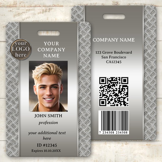 Tarjeta de identificación de fotografía de emplead (Photo ID badge in metallic construction style with space for your custom photo and logo)