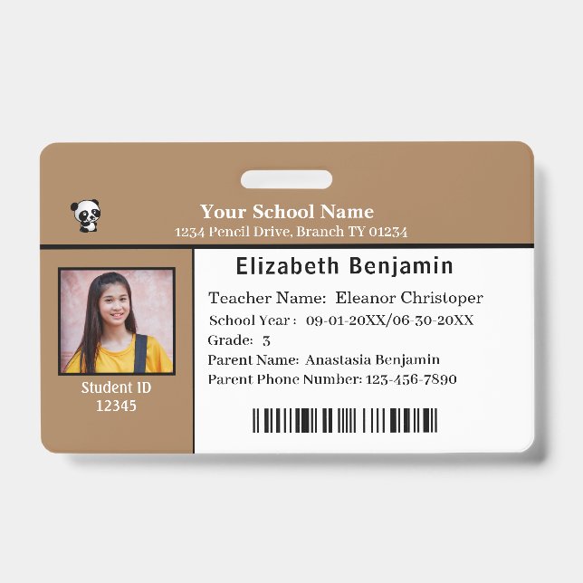Tarjeta de identificación de ID de niño Estudiante (Parte frontal)