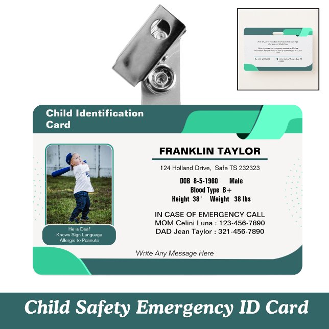 Tarjeta de identificación de identificación de eme (Child Safety Emergency ID Card)