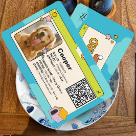 Tarjeta de identificación de perro azul y colorida