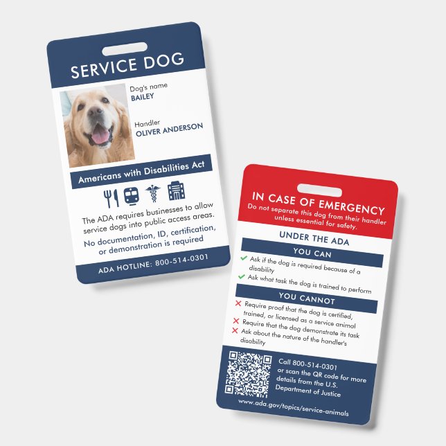 Tarjeta de identificación de perro de servicio Req (Parte frontal y trasera)