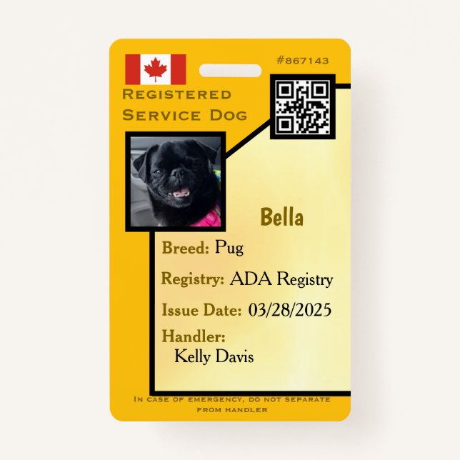 Tarjeta de identificación de perro de servicio Tar (Anverso)