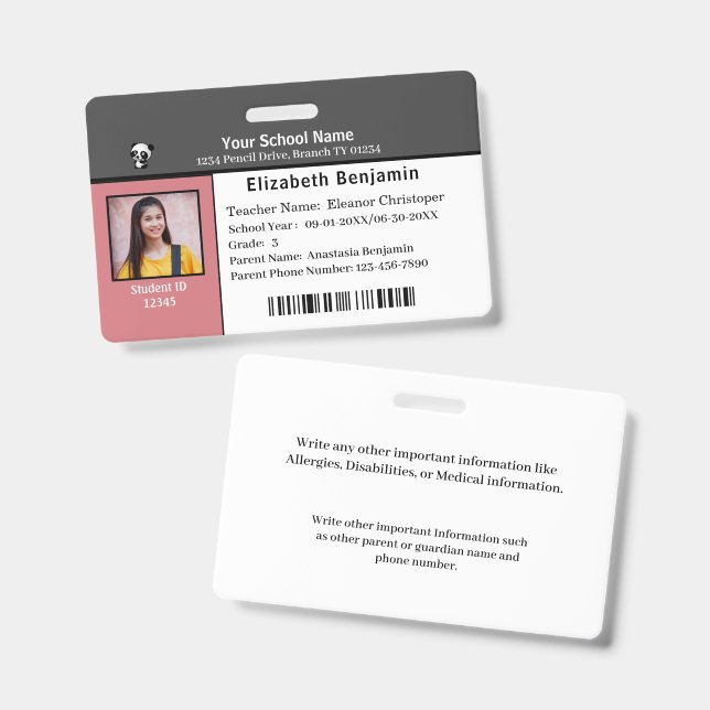 Tarjeta de identificación del estudiante código de (Parte frontal y trasera)
