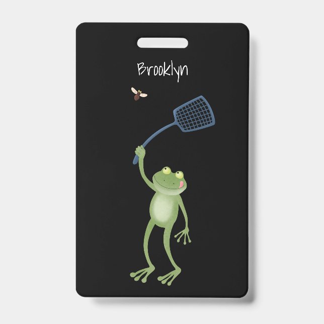 Tarjeta De Identificación Dibujo animado de rana verde divertida golpeando m (Parte frontal)