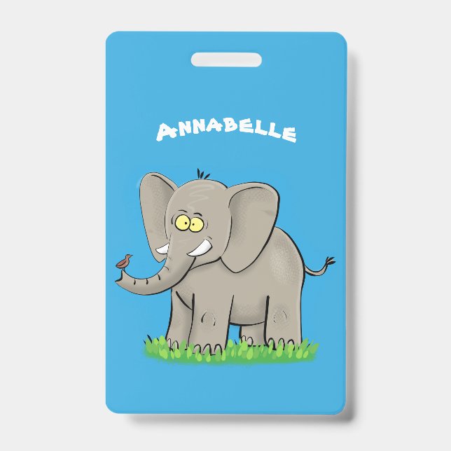 Tarjeta De Identificación Dibujo divertido de elefante con pájaro en trompa  (Parte frontal)