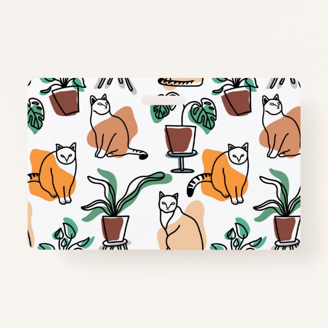 Tarjeta De Identificación Dibujo en línea de gatos y flores (Anverso)